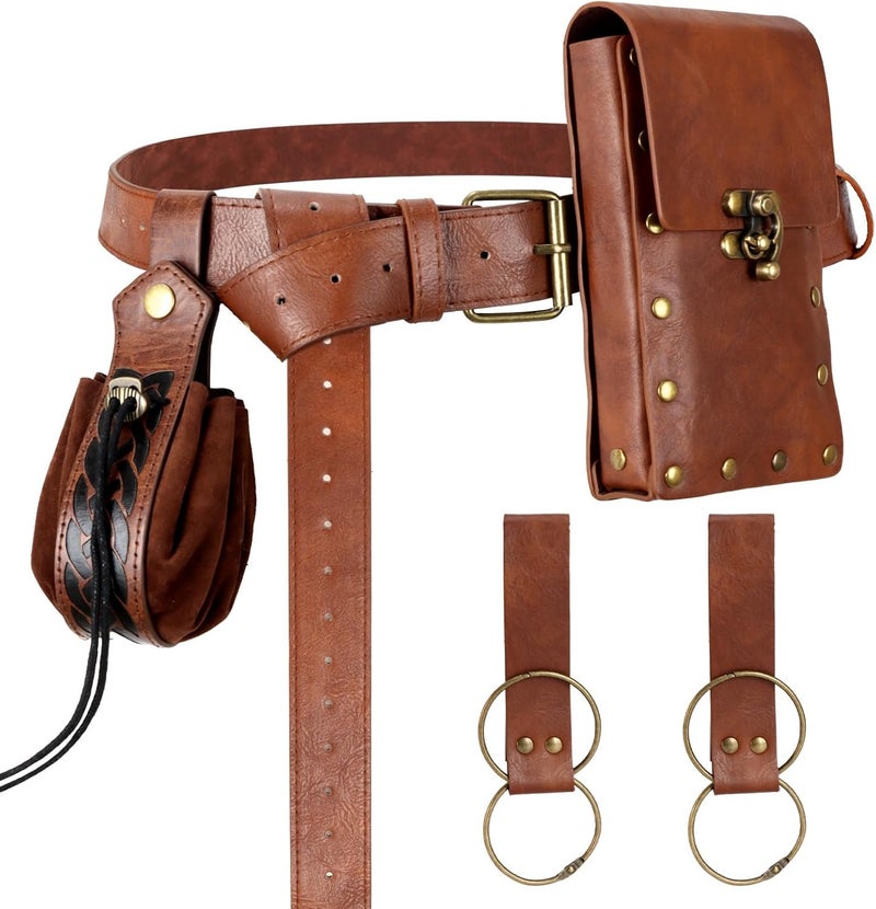 bcehyaa Store Renaissance Belt Pouch Medieval Viking Pirate Leather Bag Potion Bottle Set Skirt Hike Halloween Cosplay Costume Accessorie (Brown, Belt Pouch) - Image 1